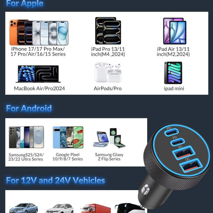 USB C 4-Port Car Charger – 90W Fast Charging for iPhone, iPad, Tablets & More