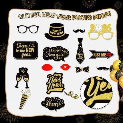 Happy New Year 2026 Photo Props with Frame – Gold Glitter NYE Party Kit