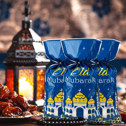 100 Pcs Eid Mubarak Gift Bags Blue Gold Clear Treat Bags with Twist Ties