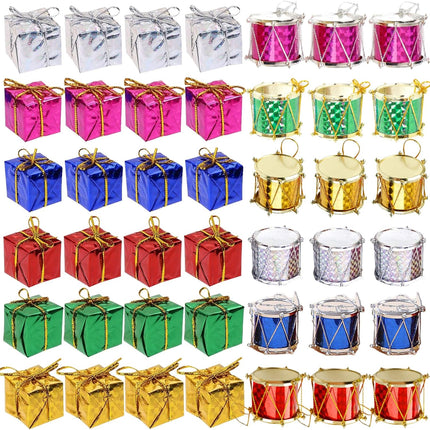 96PCS Mini Christmas Ornaments – Metallic Gift Boxes & Drum Decorations