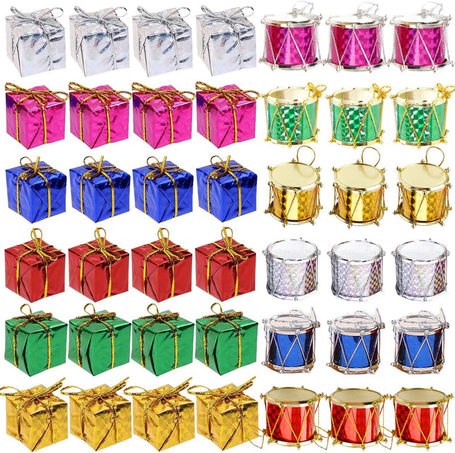 96PCS Mini Christmas Ornaments – Metallic Gift Boxes & Drum Decorations