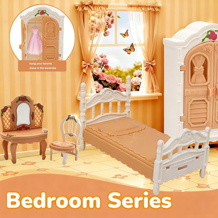 38-Piece Dollhouse Furniture Set – Mini Kitchen, Bedroom, Living Room & Pets