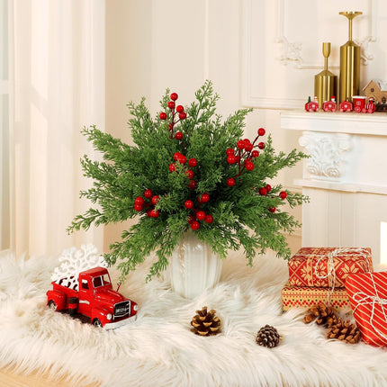 45PCS Artificial Norfolk Pine Branches with Red Berries – DIY Xmas Decor