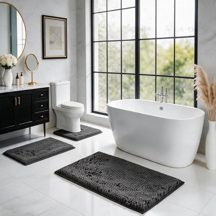 3 Piece Bathroom Rugs Set, Non-Slip Chenille Bath Mats with PVC Backing, Washable