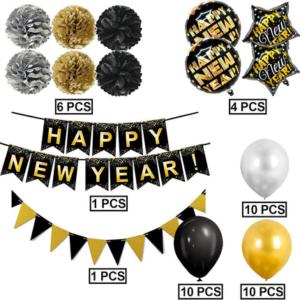 Happy New Year Banner & Party Decor – Black & Gold Flags, Swirls & Balloons