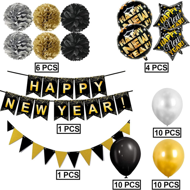 Happy New Year Banner & Party Decor – Black & Gold Flags, Swirls & Balloons
