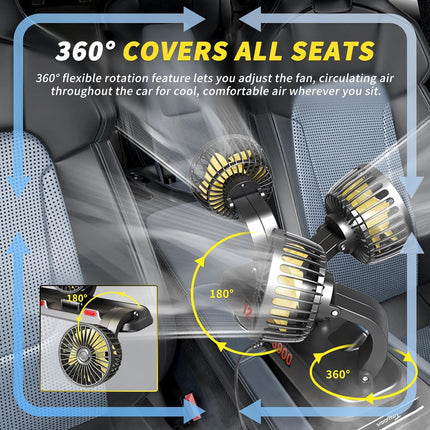 Portable 3-Head Car Cooling Fan, 2-Speed, 360° Rotating, Cigarette Lighter Plug