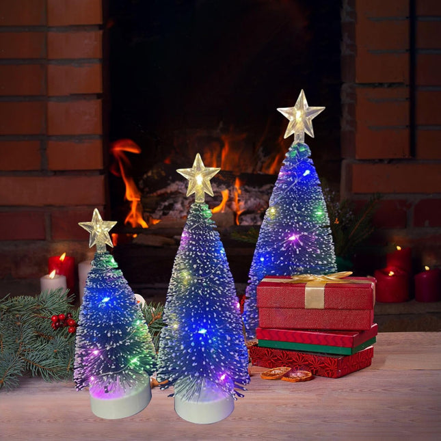 3 PCS Mini Artificial Christmas Trees – Tabletop Decor with Colored Lights