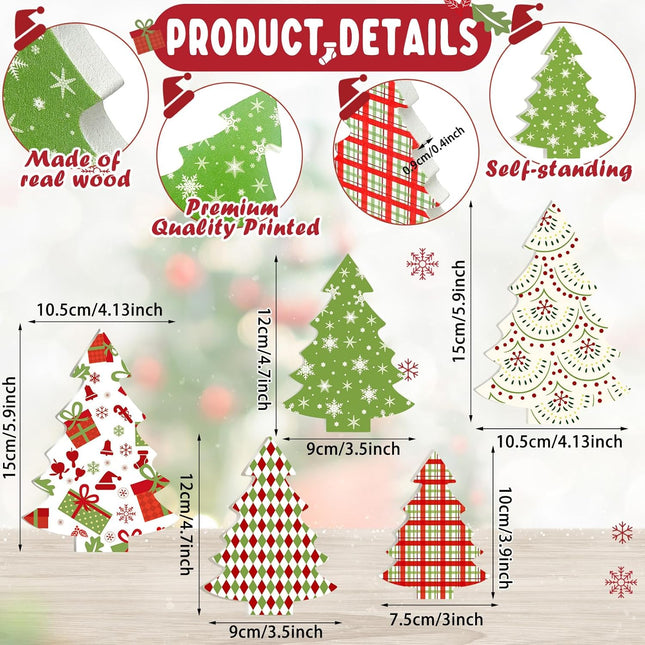 5PCS Wooden Christmas Tree Decor – Tiered Tray & Table Centerpieces Plaid Set