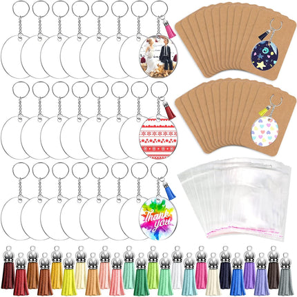 144Pcs 2in Acrylic Keychain Blanks, Clear Circle DIY Key Rings with Tassels