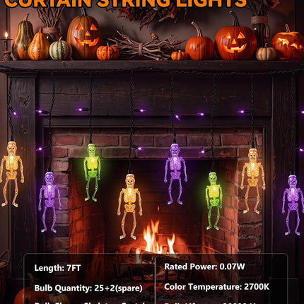 7FT 10LED Halloween Skull Curtain Lights, 15 Purple Bulbs, Plug-In Connectable Decor