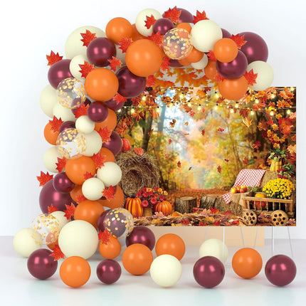 Fall Photography Backdrop 7x5FT – Autumn Maple Leaves, Pumpkins & Thanksgiving Decor