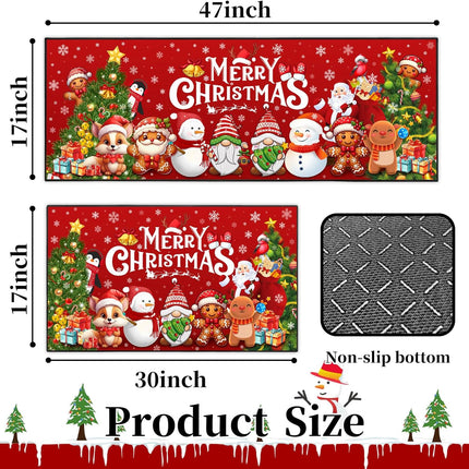 Merry Christmas Kitchen Rug Set, 2pcs Non-Slip Washable Floor Mats 17"x47"+17"x30"