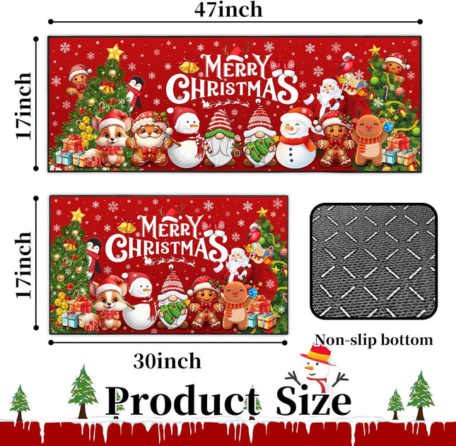 Merry Christmas Kitchen Rug Set, 2pcs Non-Slip Washable Floor Mats 17"x47"+17"x30"
