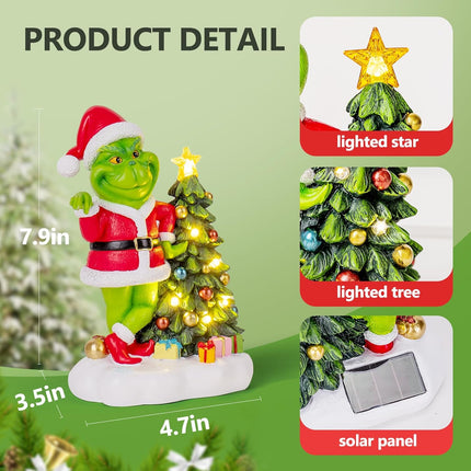 Green Monster Solar Garden Statue with Christmas Tree – Outdoor Figurine with 6 LED Lights