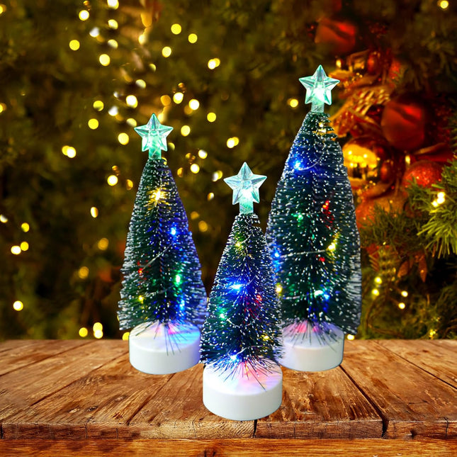 3 PCS Mini Artificial Christmas Trees – Tabletop Decor with Colored Lights