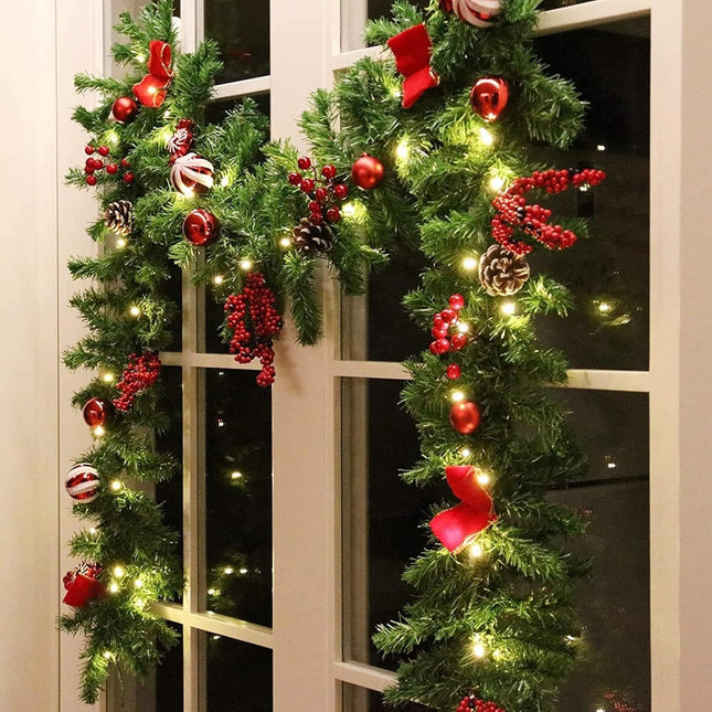 9 FT Christmas Garland LED Lights – Pinecones, Bows, Berries, Candies Decor