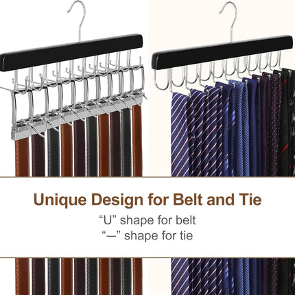 Wooden Belt & Tie Hanger – 2-in-1 Closet Organizer, 20 Hooks, 30 Items
