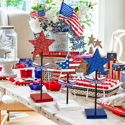 3 Pcs 4th of July Wooden Star Table Decor Patriotic Tiered Tray Decorations