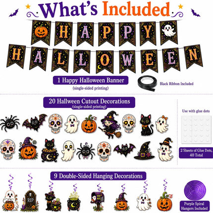Halloween Party Decor Set, Happy Halloween Banner, Cutouts & Hanging Spirals
