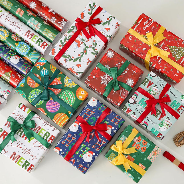 8PCS Christmas Wrapping Paper Set – Sheets, Tags, Stickers & Ribbons 28"x20"