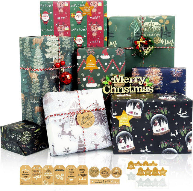 Christmas Gift Wrap Set Navy Blue Green Kraft Paper 20x28 Inch Holiday Wrap