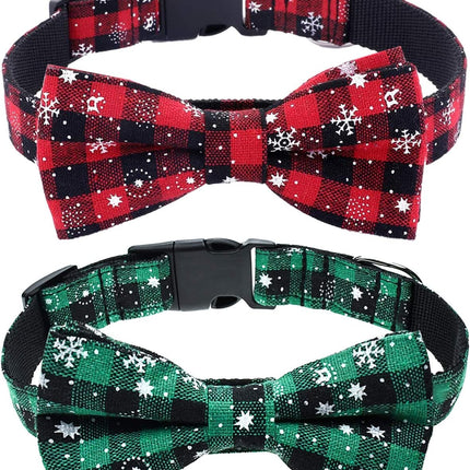 2-Pack Christmas Dog Collars – Plaid & Snowflake Bow Tie Designs with Light Adjustable Buckles