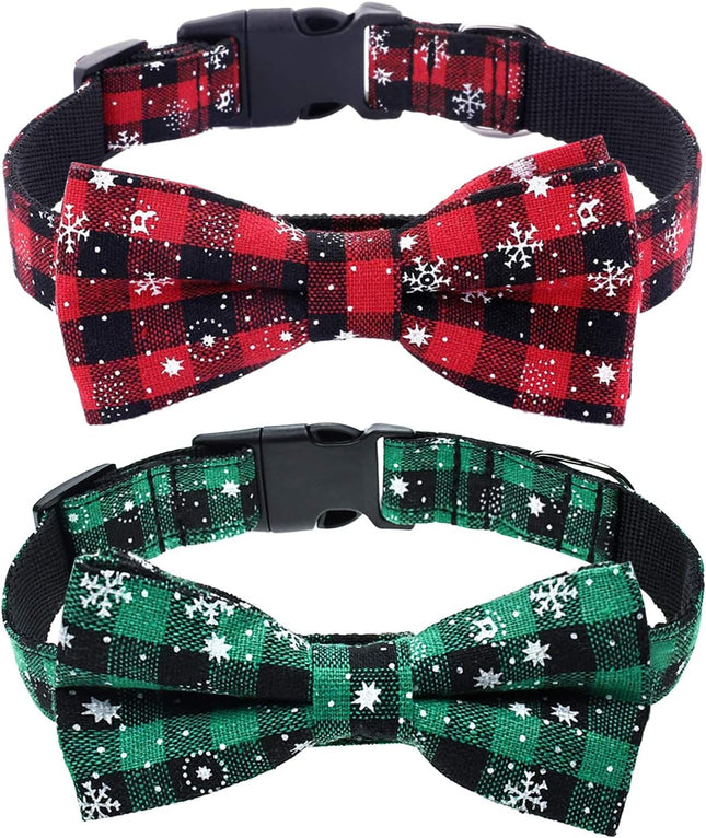 2-Pack Christmas Dog Collars – Plaid & Snowflake Bow Tie Designs with Light Adjustable Buckles