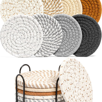 8PCS Drink Coasters Set with Holder Absorbent Woven Cotton Coasters
