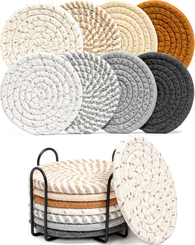 8PCS Drink Coasters Set with Holder Absorbent Woven Cotton Coasters
