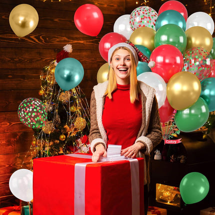 12" Christmas Balloons – Red, Green, White & Gold Latex Party Decorations