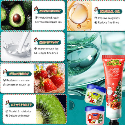 Christmas Hand Cream Gift Set – 8pcs Mini Hand & Lip Balm Set in Gift Box