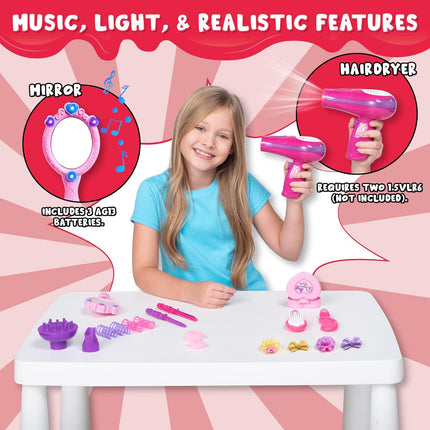 17-Piece Girls Beauty Salon Set – Pretend Play Hair Stylist Kit with Hairdryer & Accessories