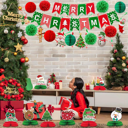 Merry Christmas Paper Fan Flower Banner Set – Swirls & Streamers with Christmas Tree