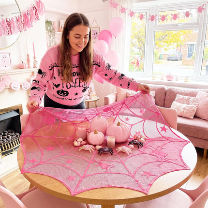 Pink Halloween Spider Tablecloth 40in, Sheer Fabric Dining & Picnic Party Decor