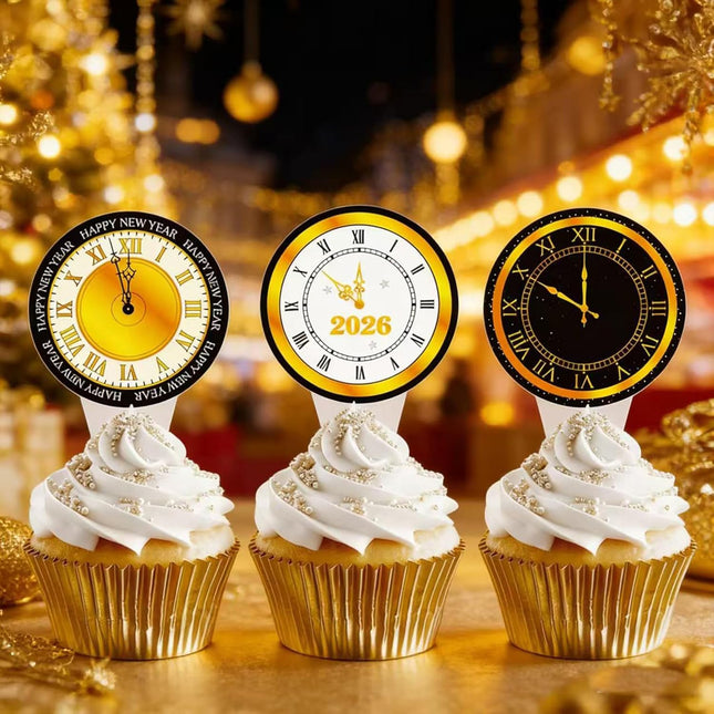 48-Piece 2026 NYE Clock Cupcake Toppers – Happy New Year Party Decor
