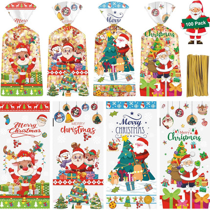 100PCS Clear Christmas Goody Bags Santa Claus Candy Snack Bags 4 Styles