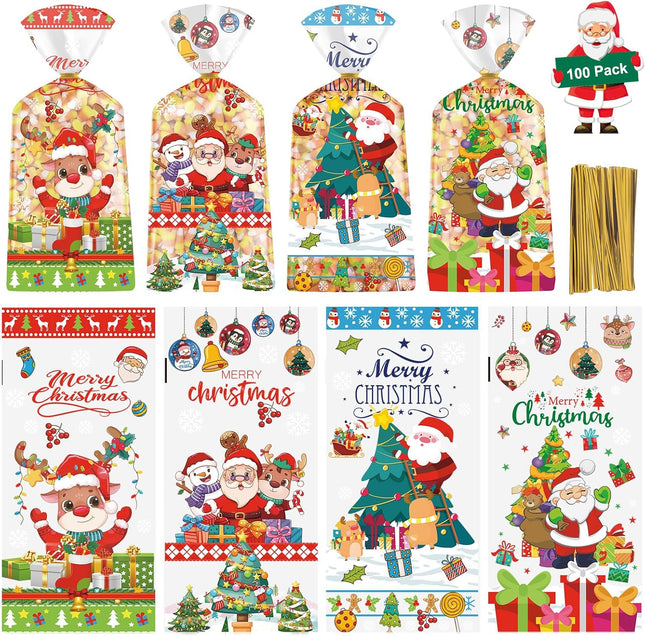 100PCS Clear Christmas Goody Bags Santa Claus Candy Snack Bags 4 Styles