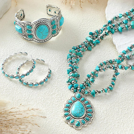 3 Pcs Western Bohemian Jewelry Set – Boho Pendant Choker, Leather Bracelet & Earrings