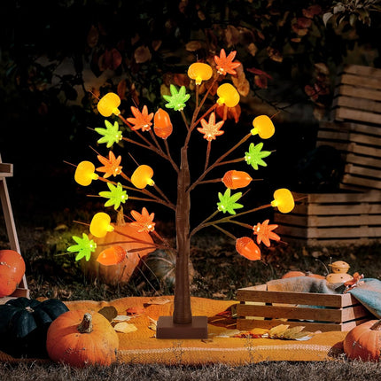 Thanksgiving LED Maple Tree 24" with 3D Pumpkin Light Fall Home Table Decoration