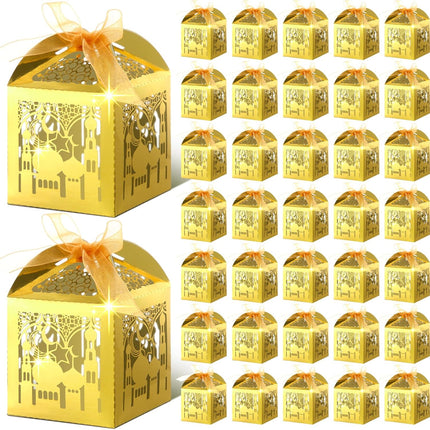 50 Pcs Ramadan Eid Mubarak Candy Boxes – Castle Design with Ribbons for Party Favors