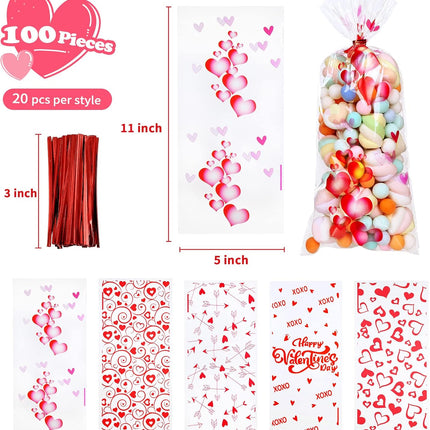 100 PCS Red Valentine’s Day Treat Bags: Heart Cellophane Bags with Twist Ties