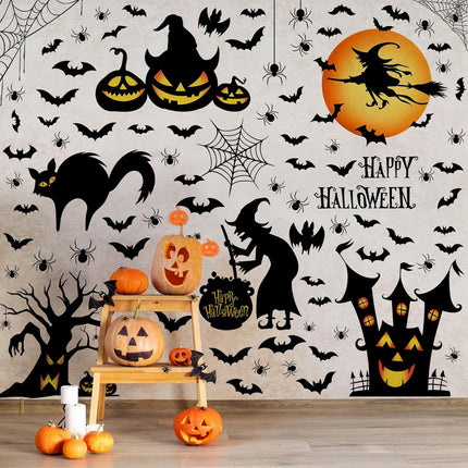 6-Sheet Watercolor Halloween Wall Stickers, Witch Bat Pumpkin Ghost Vinyl Decals