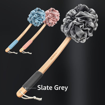 Long Handle Loofah Back Scrubber with Bamboo Charcoal, Pouf & Hook, Slate Grey