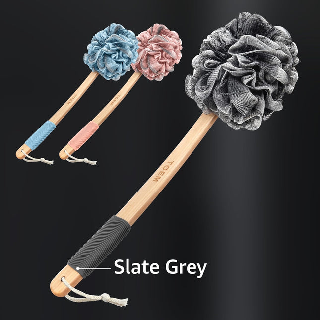 Long Handle Loofah Back Scrubber with Bamboo Charcoal, Pouf & Hook, Slate Grey