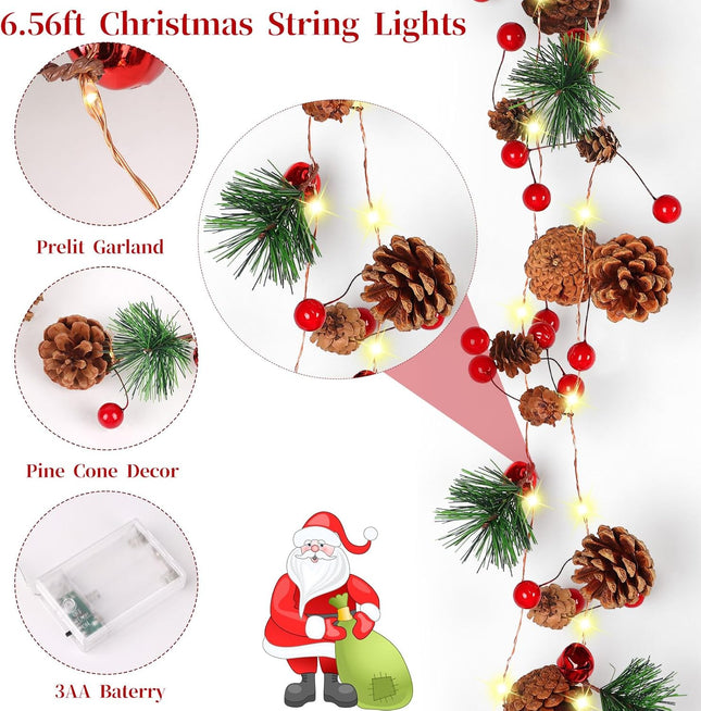 Light-Up Christmas Pine Cone Garland – 6.56ft Battery Operated String Lights for Festive Decoration
