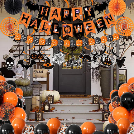 Happy Halloween Trick or Treat Banner, Paper Fans, Balloons & Swirl Party Decor