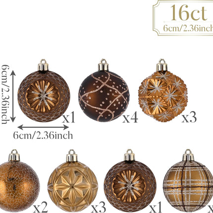 16PCS Fall Tree Ornaments – 2.36" Bronze Gold Shatterproof Ball Decorations
