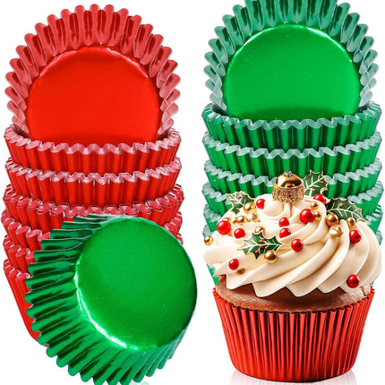 200PCS Christmas Foil Cupcake Liners – Red & Green Metallic Baking Cups