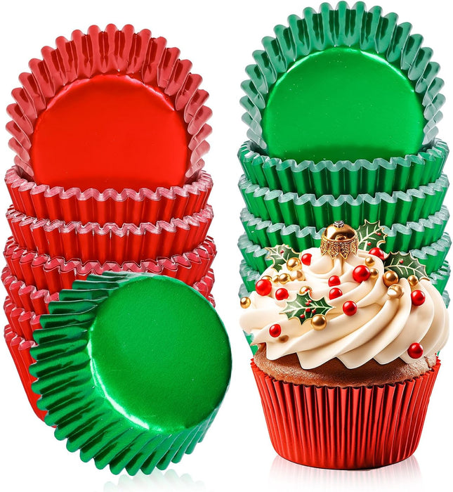 200PCS Christmas Foil Cupcake Liners – Red & Green Metallic Baking Cups